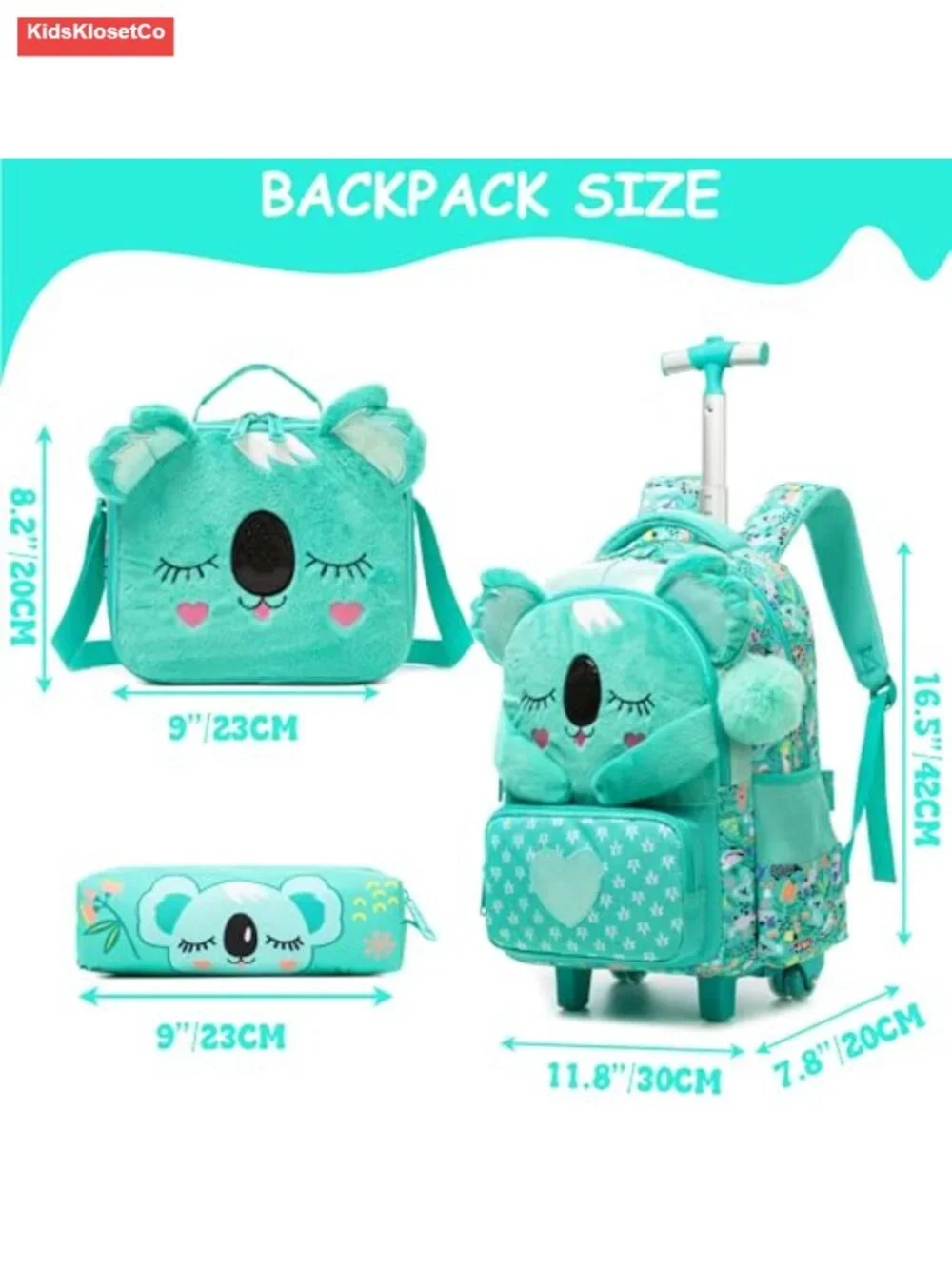 Rolling Backpack for Kids with Lunch Box & Pencil Case Wheeled Trolley Bag
